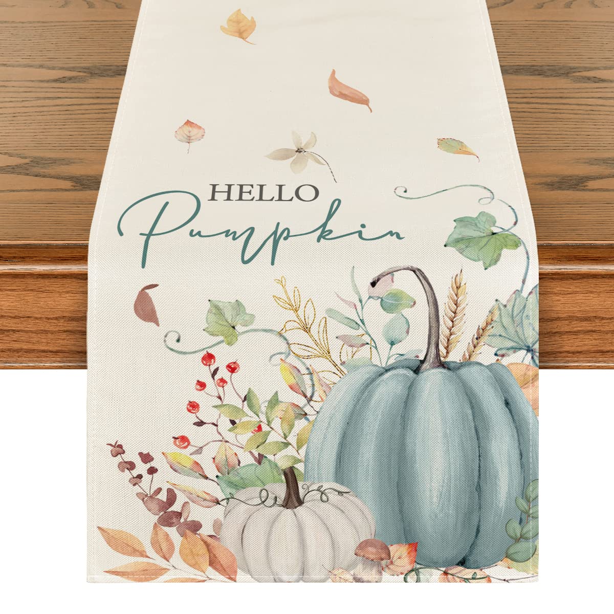 Aqua Hello Pumpkin Leaves Fall Table Runner, Seasonal Autumn Kitchen Dining Table Decoration for Home Party Decor 13x72 Inch