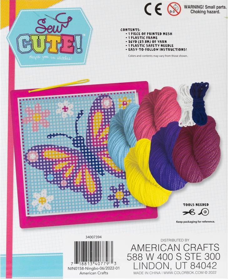 DIY Sew Cute Butterfly Kids Beginner Needlepoint Kit with Frame 6"x6"