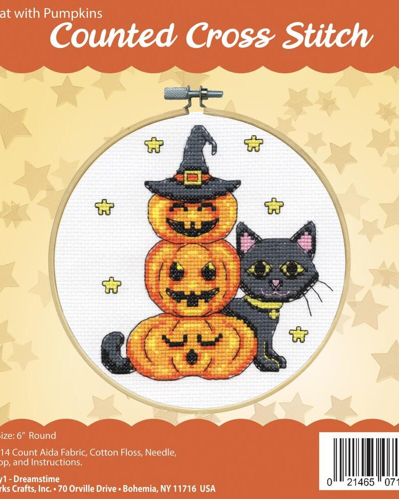 DIY Design Works Cat with Pumpkins Halloween Counted Cross Stitch Hoop Kit