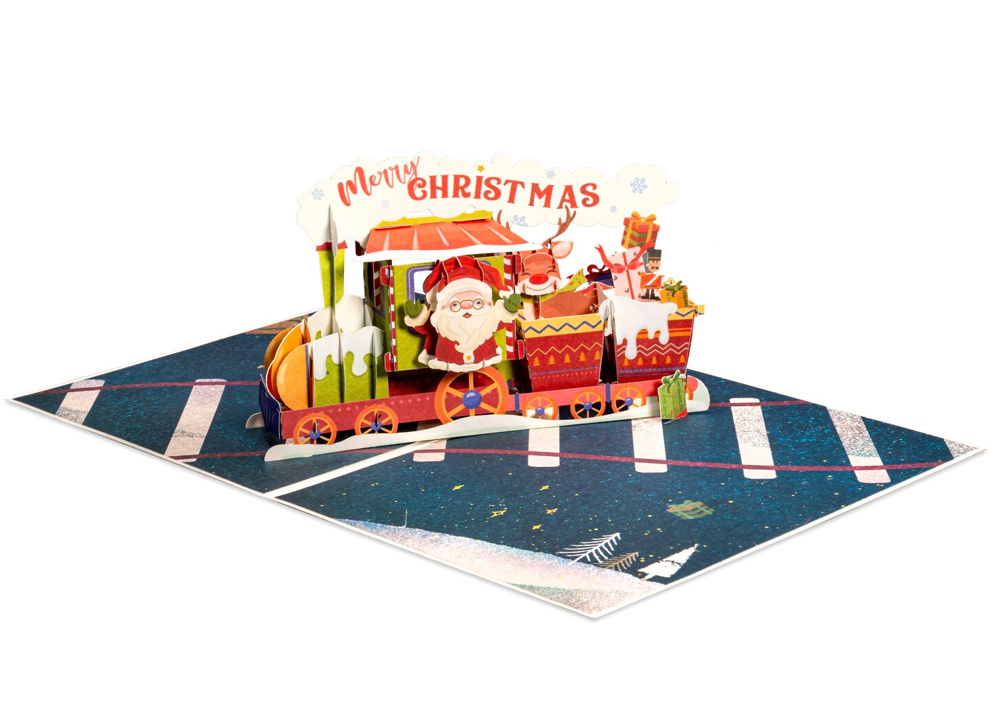 Frndly by Paper Love 3D Pop Up Christmas Cards, Christmas Train, Handcrafted Popup Greeting Cards, For Christmas or Holidays, 100% Recycled and Eco-Friendly, 8" x 6" Cover - With Note Tag