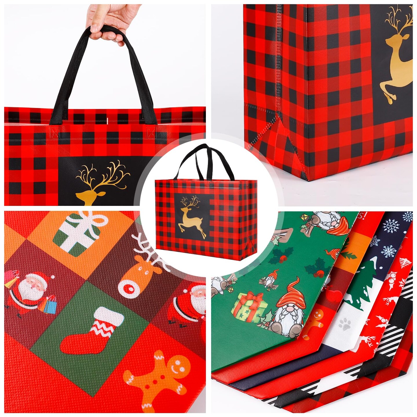 20 Pack Christmas Gift Bags Assorted Sizes, Reusable Tote Bags with Handle, Includes 4 Large 8 Medium 8 Small Non-Woven Christmas Bags for Xmas Party Favors