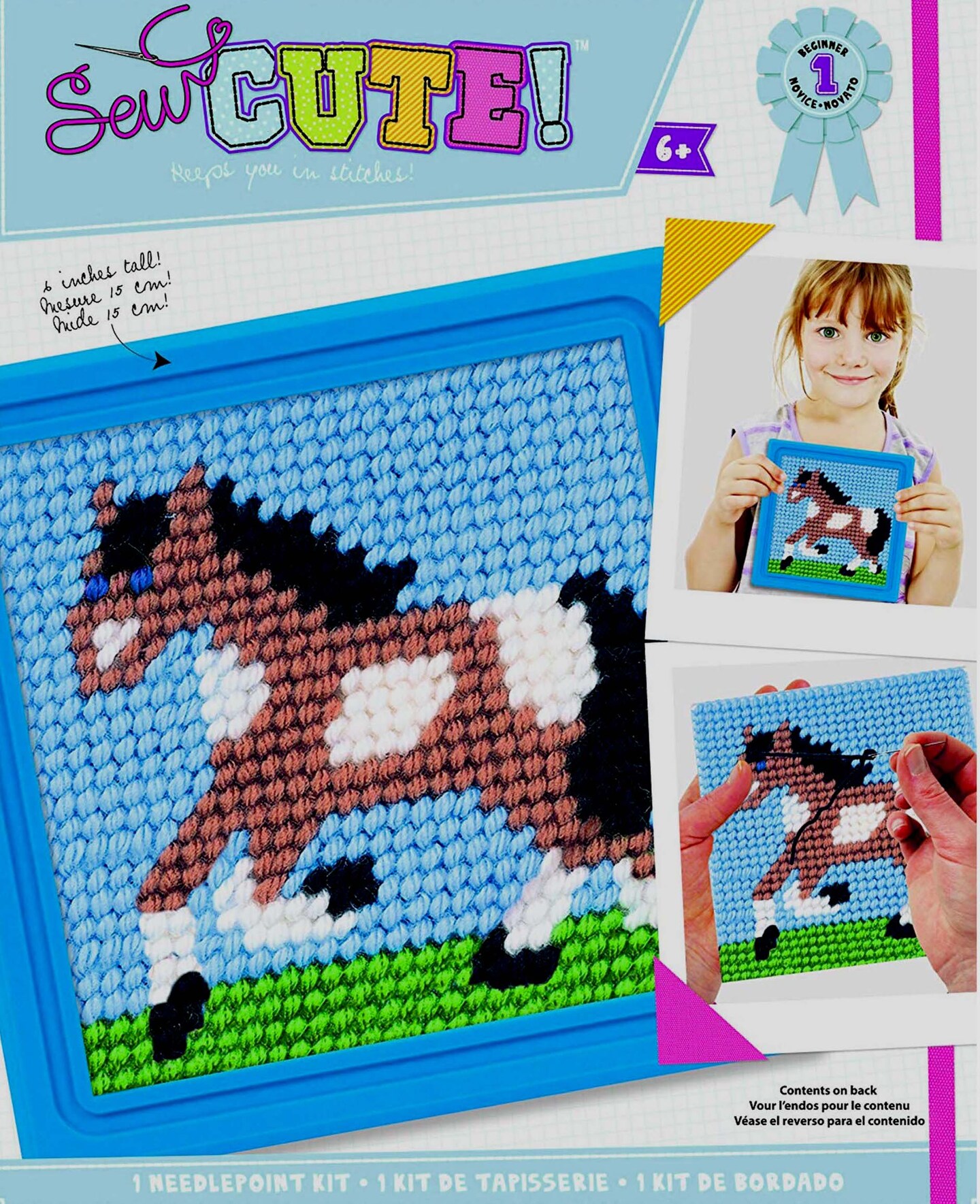 DIY Sew Cute Horse Pony Kids Beginner Needlepoint Kit with Frame 6"x6"