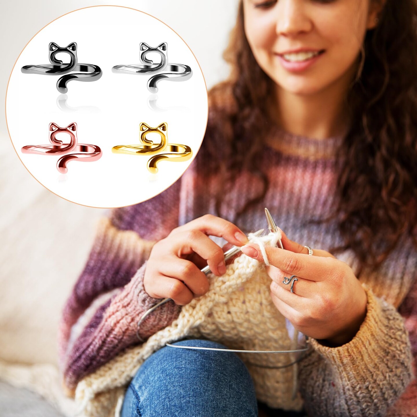 4pcs Knitting Crochet Loop Ring for Fingers Metal Open Yarn Guide Crochet Rings Adjustable Braided Faster Knitting Thimbles Holders Accessories for Crochet Mother Grandma Gifts (Multicolor)