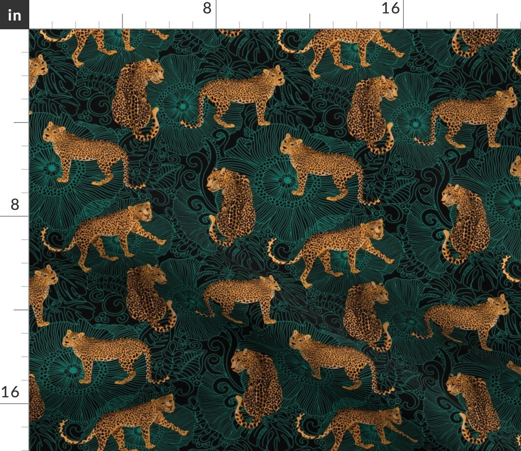 Maximalist Leopards Animal Print Boho Tropical Emerald Teal Green Custom Printed Fabric by Spoonflower Various Fabrics by the Yard or Fat Quarter