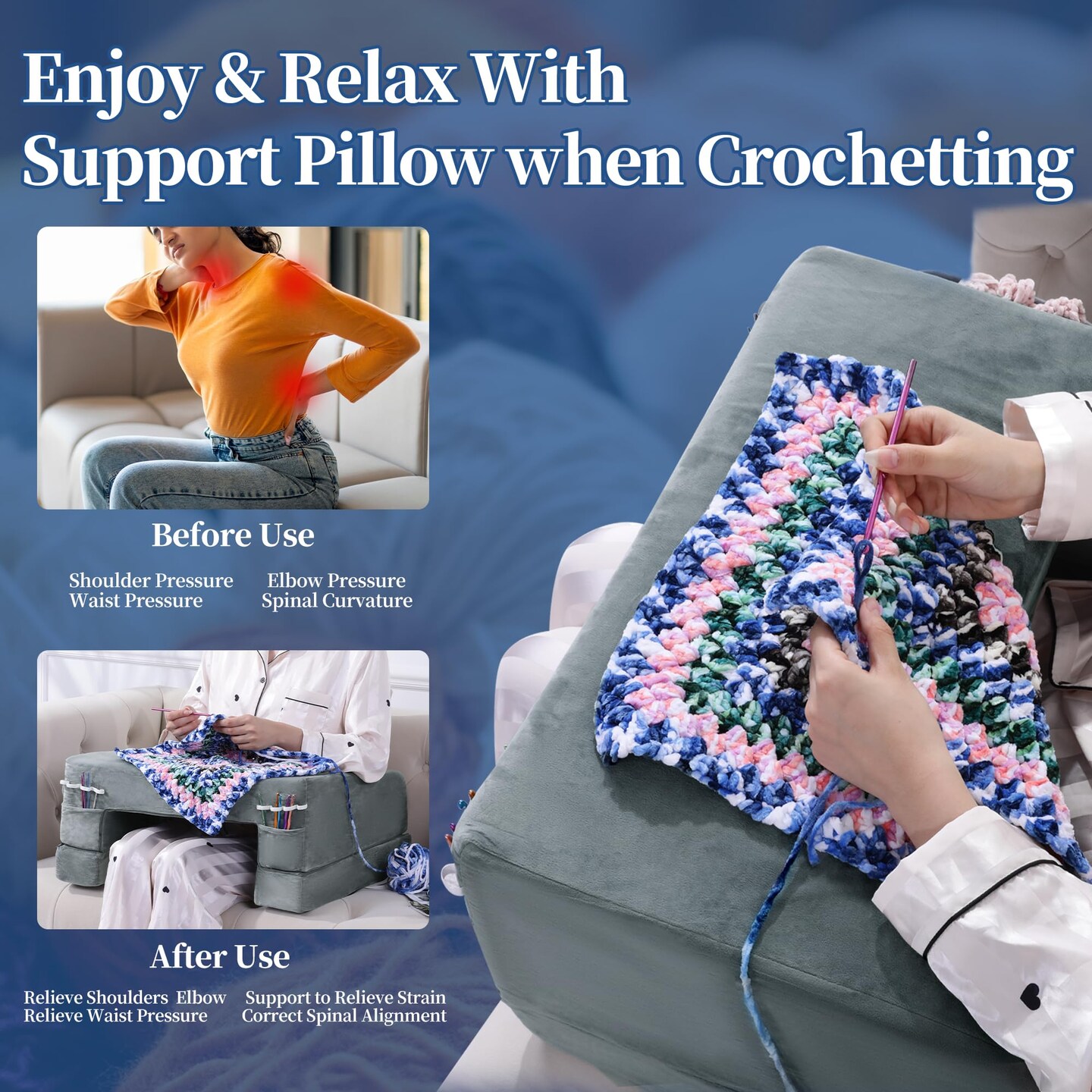 Adjustable Foam Crochet Pillow for Lap Support, Soft Velvet Reading & Gaming Pillow with Side Pocket and Elastic Band, Desk Pillow for Sofa, Bed & Floor, 2 Heights for Adjusting, (Grey)