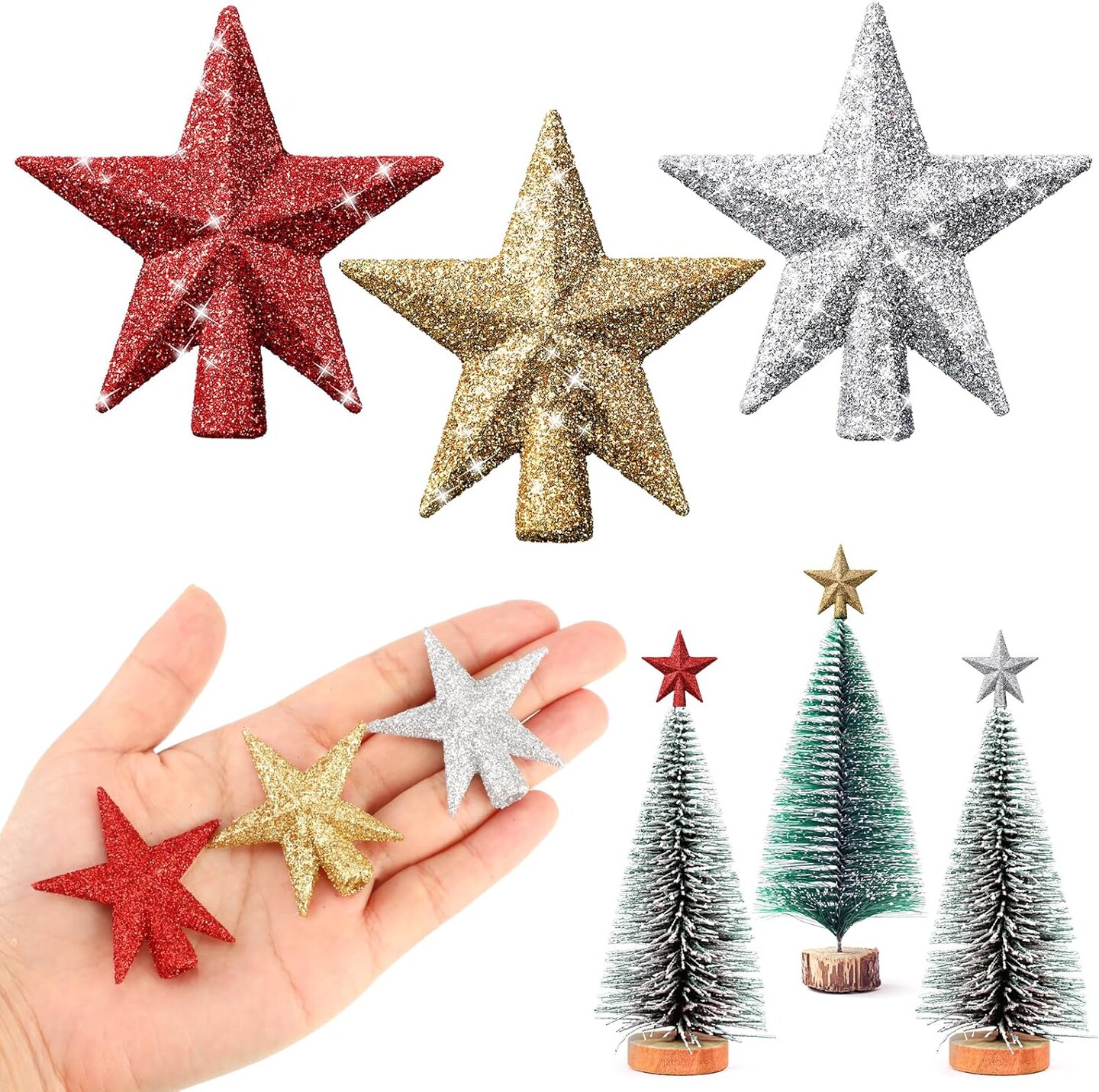 3 Pcs Mini Christmas Tree Topper Small Star Christmas Treetop(Glitter Multicolor)