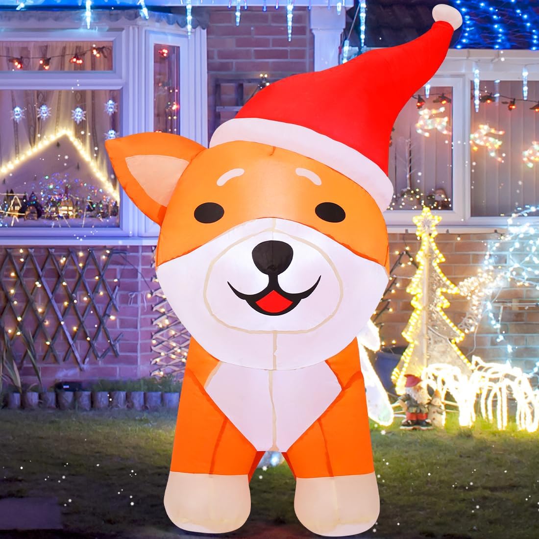 GOOSH 4FT Christmas Inflatables Outdoor Decorations Blow Up Shiba Inu Dog Built-in LEDs