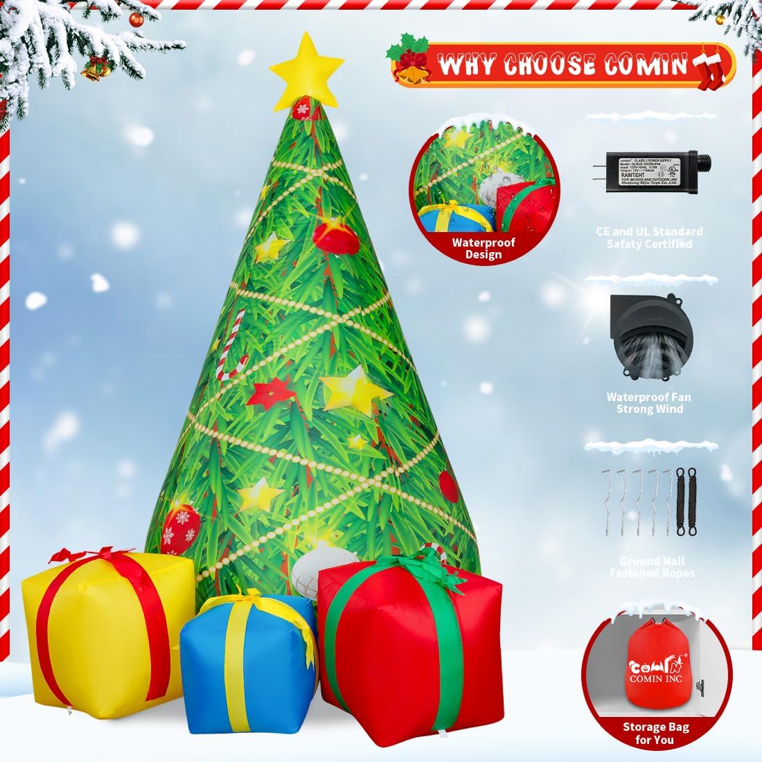 GOOSH 7 FT Christmas Inflatables Tree Blow Up Yard 3 Present Boxes with Built-in LEDs