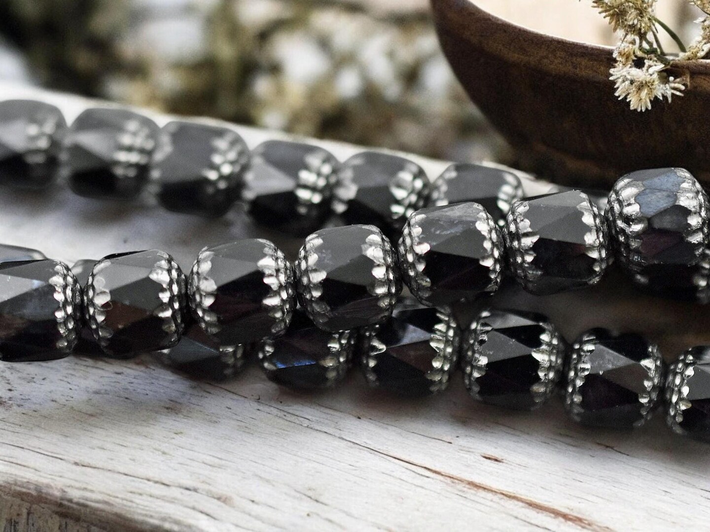 *12* 10mm Silver Washed Jet Fire Polished Cathedral Beads