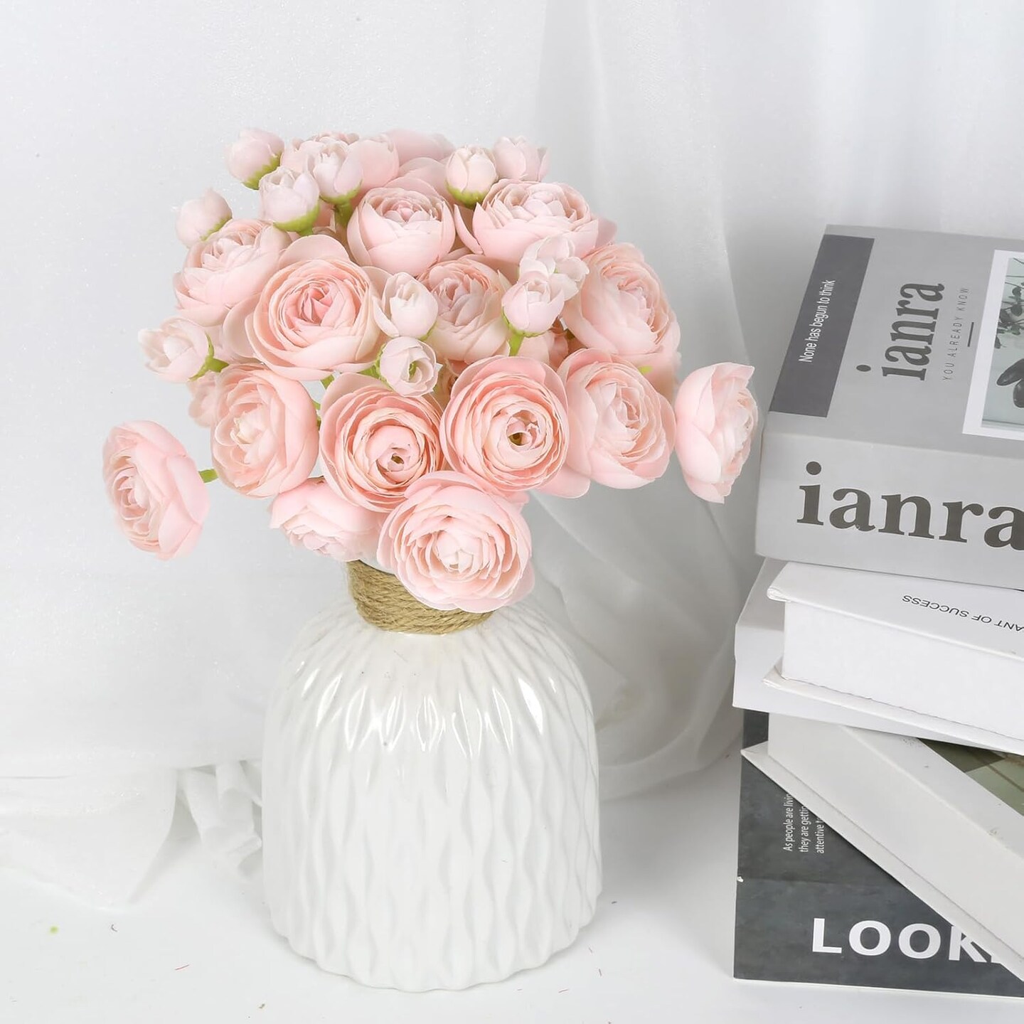 Faux Ranunculus Flowers - 2 Bouquets Small Pink Artificial Ranunculus 12PCS Mini Fake Flowers for DIY Wedding Bouquet Bridal Shower Decor Filler Centerpieces (Blush)