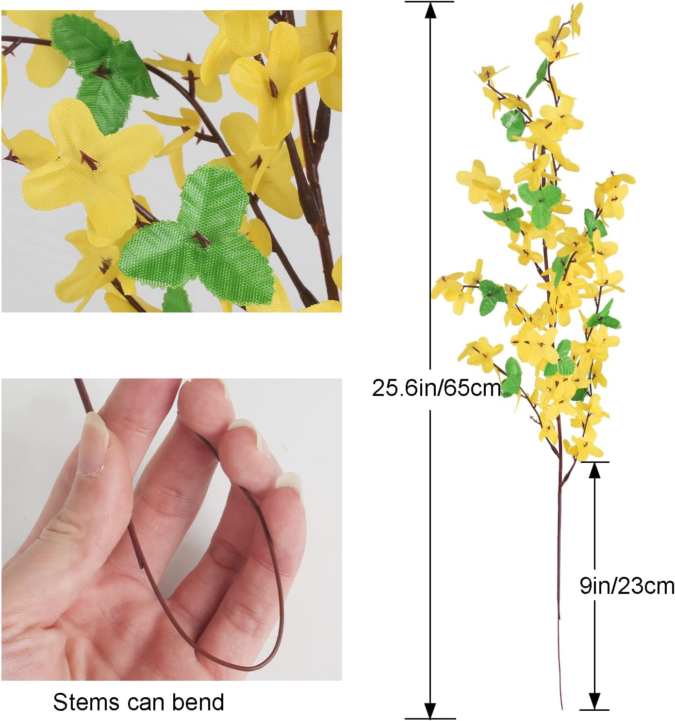 16 PCS Artificial Flowers Yellow Silk Forsythia Branches Fake Winter Jasmine Long Stem Artificial Orchids Flowers Forsythia Stems for Home Indoor Outdoor Decor Wedding Party Cemetery (25.5in)