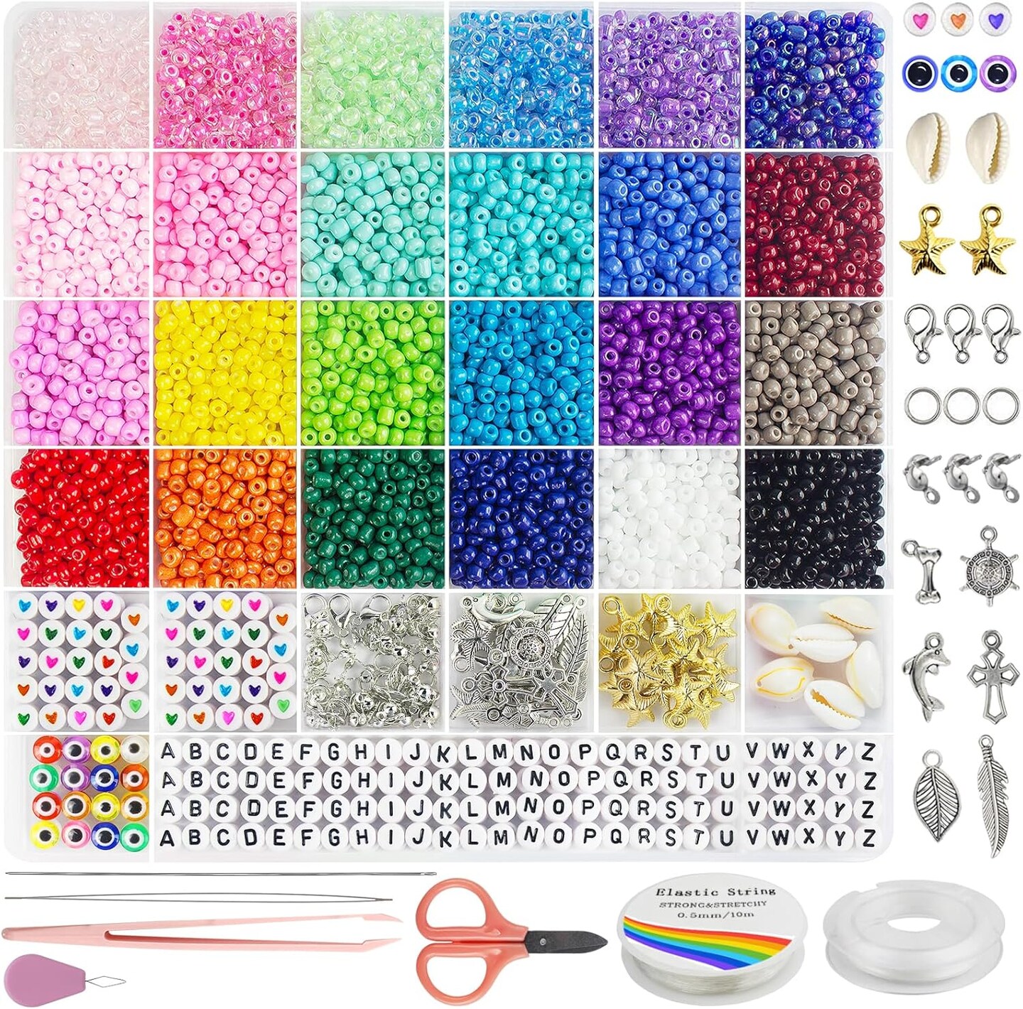4mm Glass Seed Beads for Jewelry Bracelet Making Kit, Small Beads Friendship Bracelet Kit, Tiny Waist Beads with Letter Beads and Elastic String
