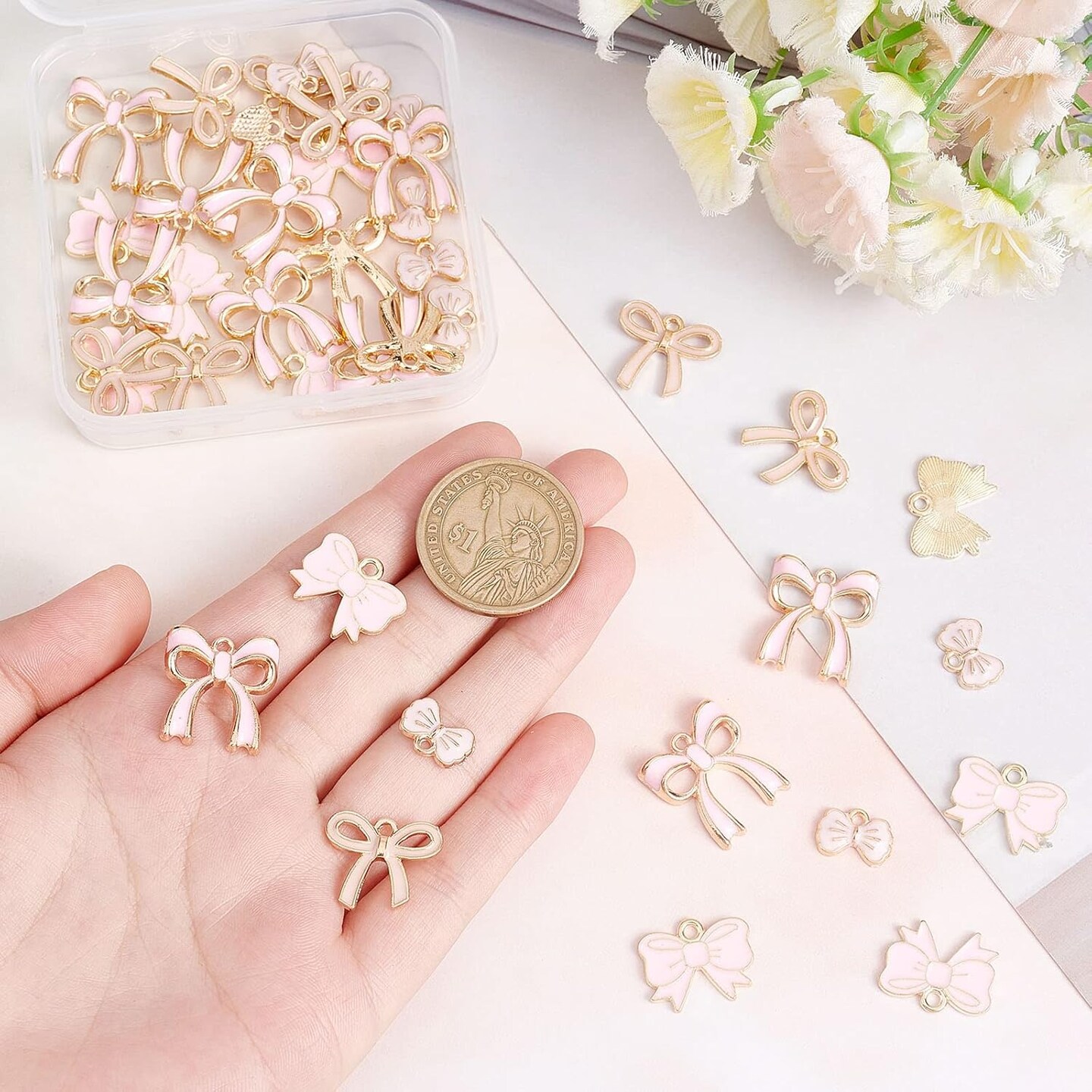 1 Box 4 Style Romantic Charm Enamel Flat Bowknot Charms Pink Bow Tie Kawaii Dangle Pendants Bulk for Women Jewelry Making Earrings Necklace Bracelets Valentine's Day DIY Craft Supplies