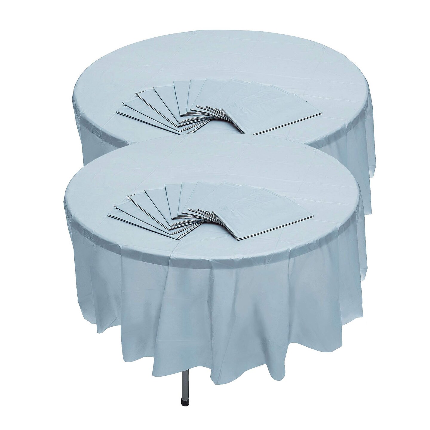 6 Ft. 10&#x22; Bulk 12 Pc. Light Blue Round Disposable Plastic Tablecloths