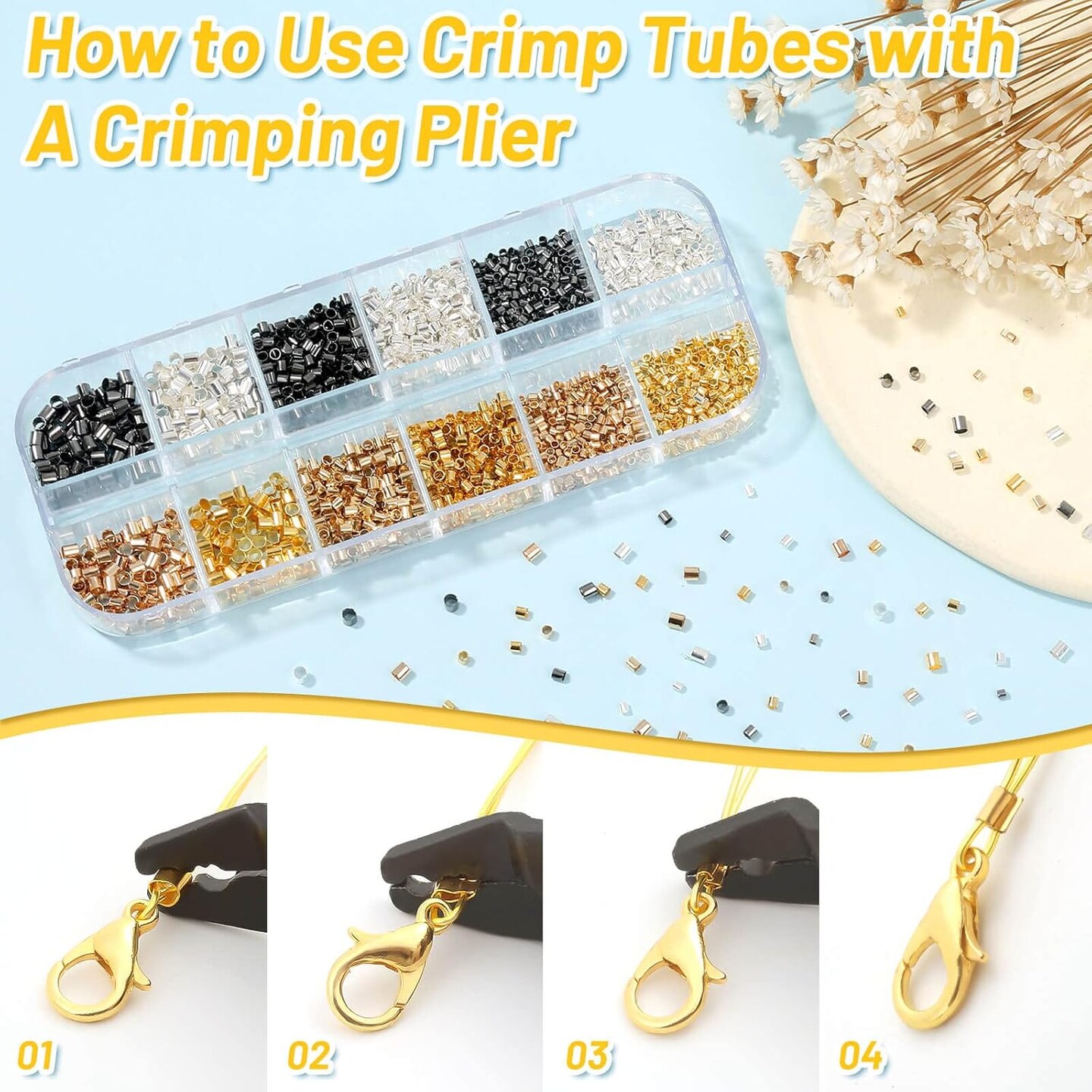 Crimping Beads for Jewelry Making, 2200 Pieces Crimp Tubes with Crimping Pliers for Earring Necklace Bracelet DIY Jewelry Making