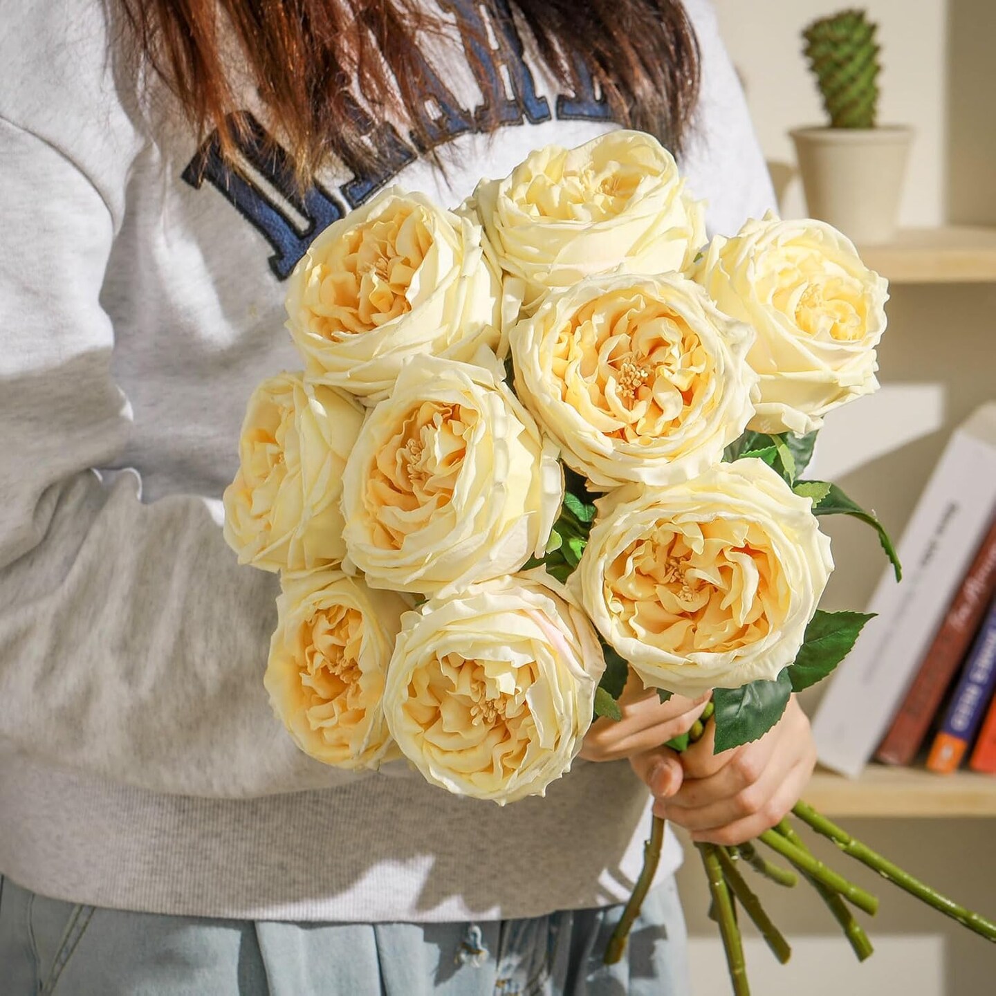10pcs Real Touch Peonies Artificial Flowers, Faux Austin Rose with Long Stem Look Real Fake Flower for Arrangement Wedding Party Home Kitchen Decor(Champagne)