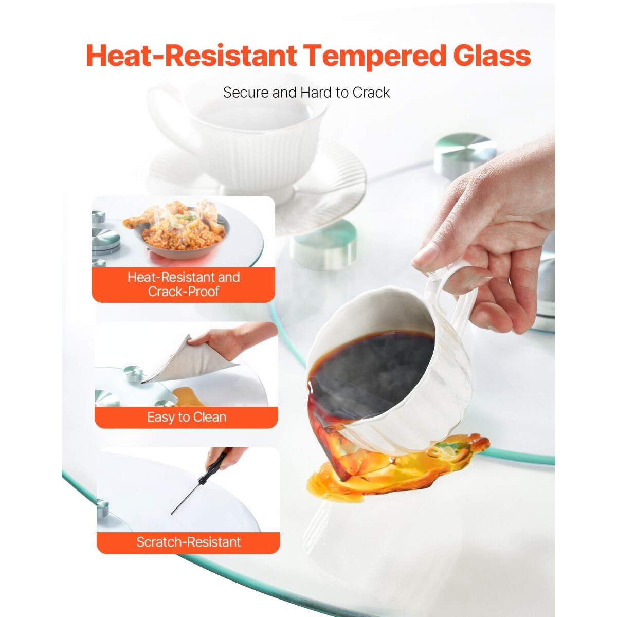 Transparent Tempered Glass Lazy Susan Turntable with Aluminum Base and 360 Degree Rotation