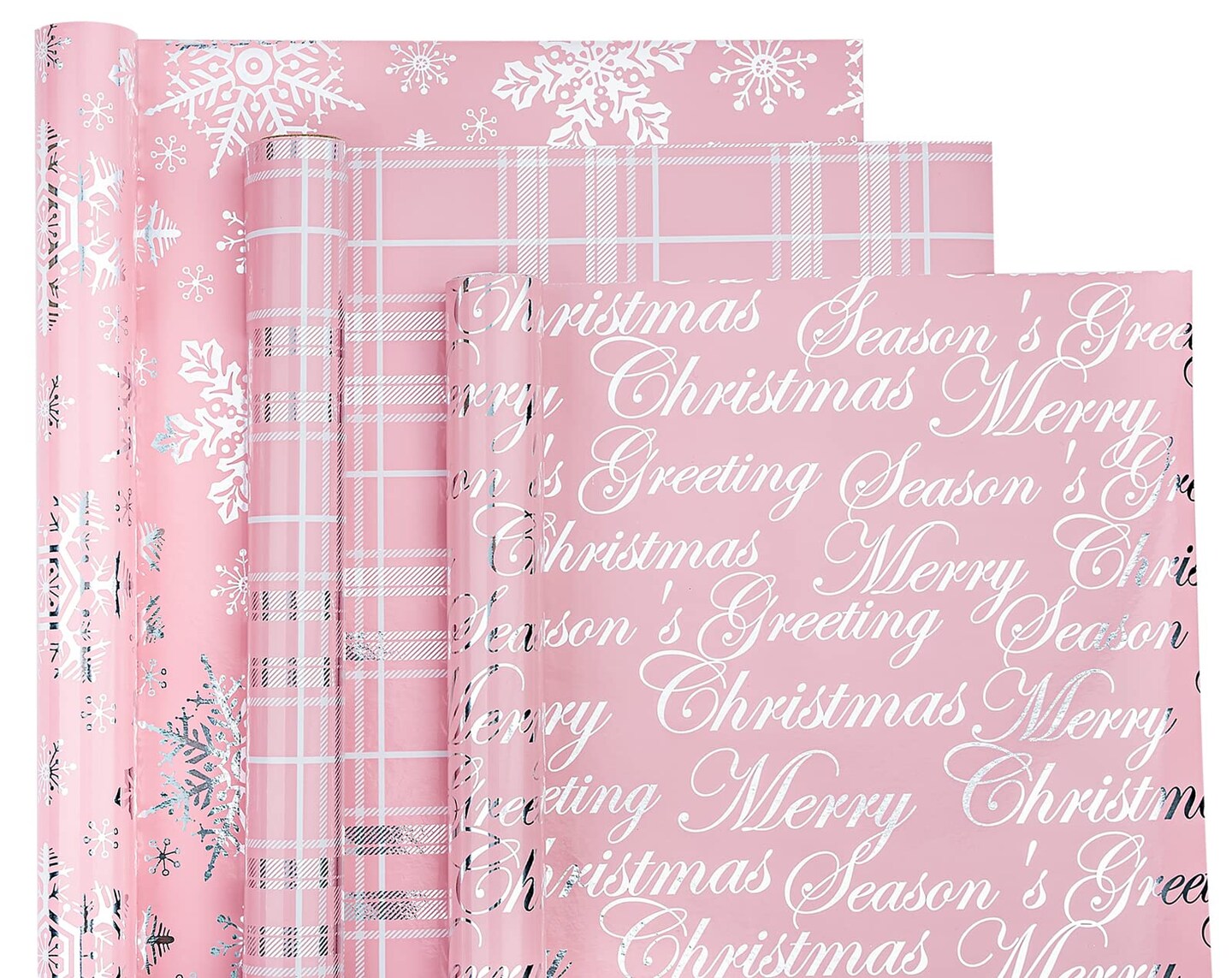 Christmas Wrapping Paper Roll - Mini Roll - 3 Rolls - 17 Inch X 120 Inch Per Roll - Pink with Silver Metallic Foil Snowflake, Plaid, Merry Christmas Lettering
