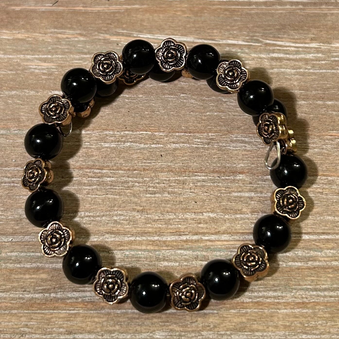 Antique Gold Roses and Black Agate Natural Stone Beaded Wrap