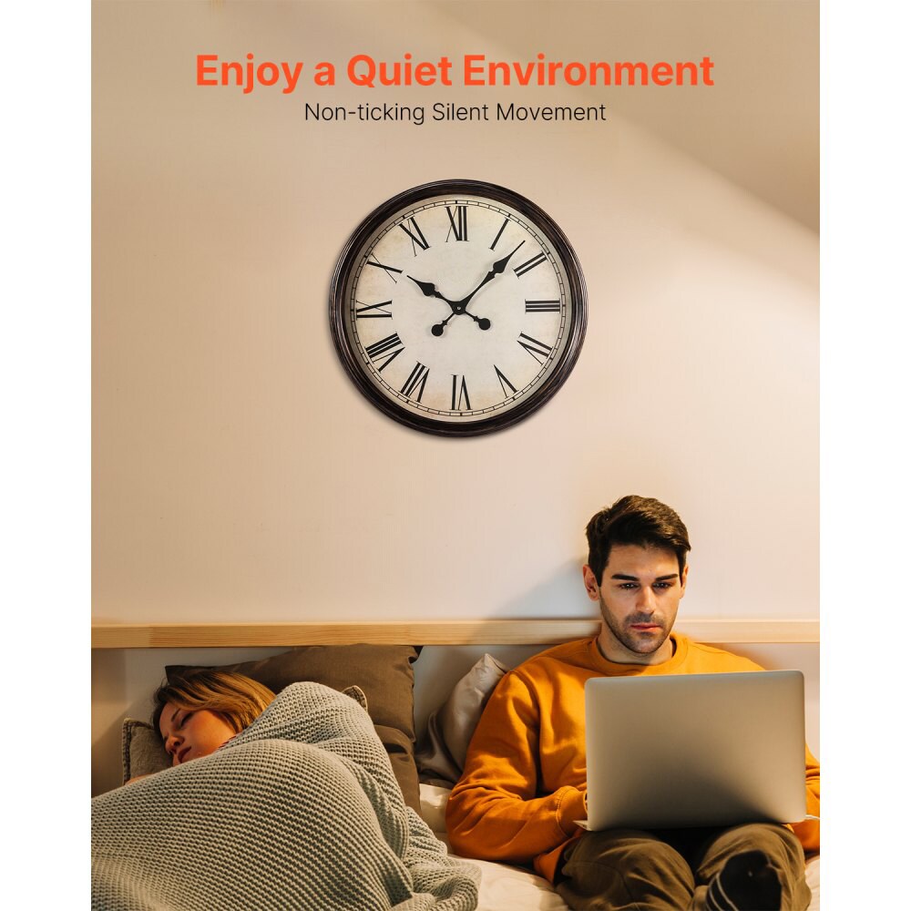 20 Inch Wall Clock with Roman Numerals Battery Operated Silent Round Clock Brown