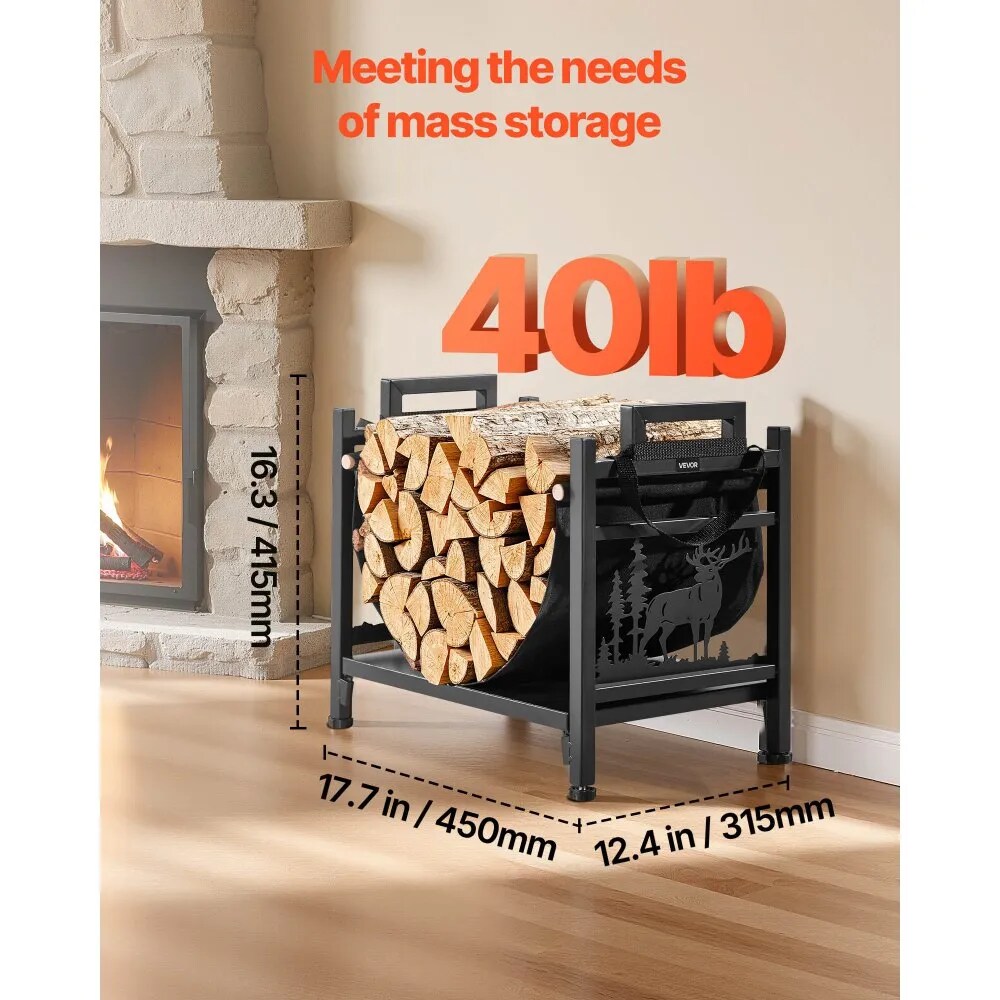 Indoor Firewood Rack 1.5 Ft Curved Log Holder with Canvas Carrier Steel