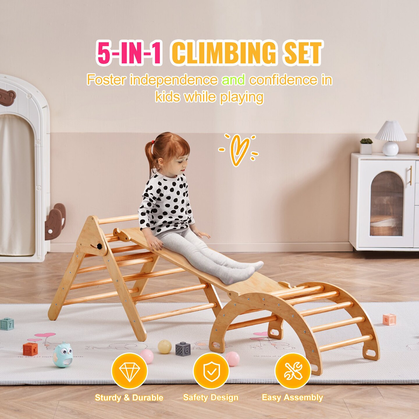 Wood Color Montessori 5-in-1 Indoor Kids Climbing Set for Ages 1-3