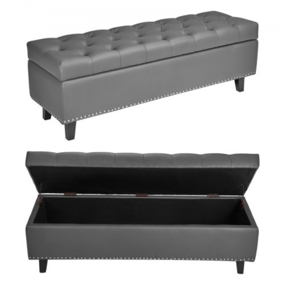 PU Leather Bedroom Storage Bench with Rubber Wood Legs and Soft-Close Lid