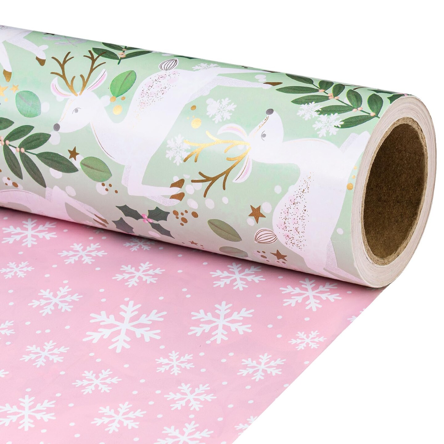 Reversible Wrapping Paper Roll - Mini Roll - Christmas White Reindeer and Snowflake Pattern Great for Christmas, Party, Holiday - 17.5 Inches X 32.8 Feet