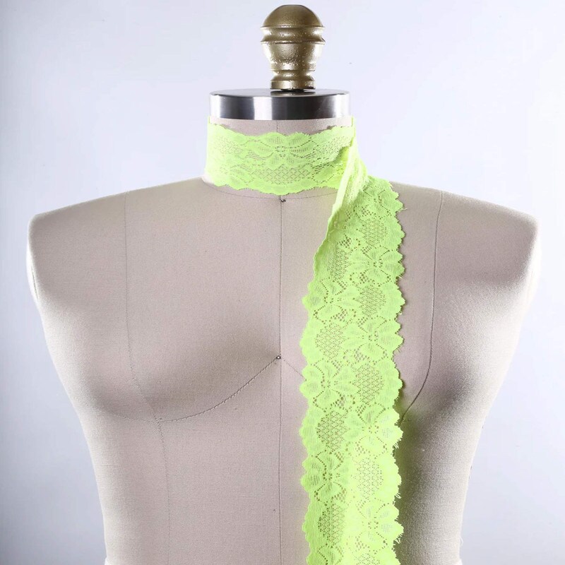 2 Yards Neon Green Stretch Lace 2.5&#x22; Wide Hand-Dyed Floral Elastic Trim for Lingerie &#x26; Crafts