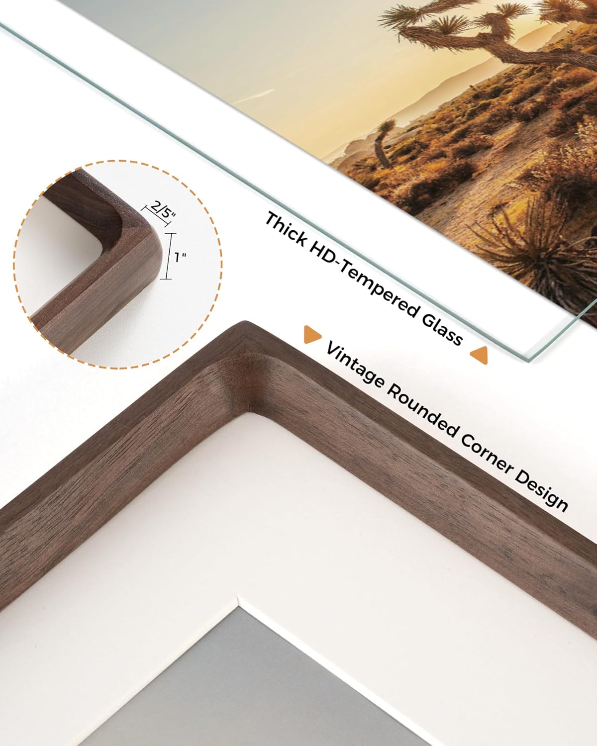 8.5x11 Picture Frame USA-Sourced Natural Walnut Solid Wood Photo Frame Handcrafted Rounded Corner Wooden Frame with Real Glass Display Photos 6x8 with Mat or 8.5x11 Without Mat