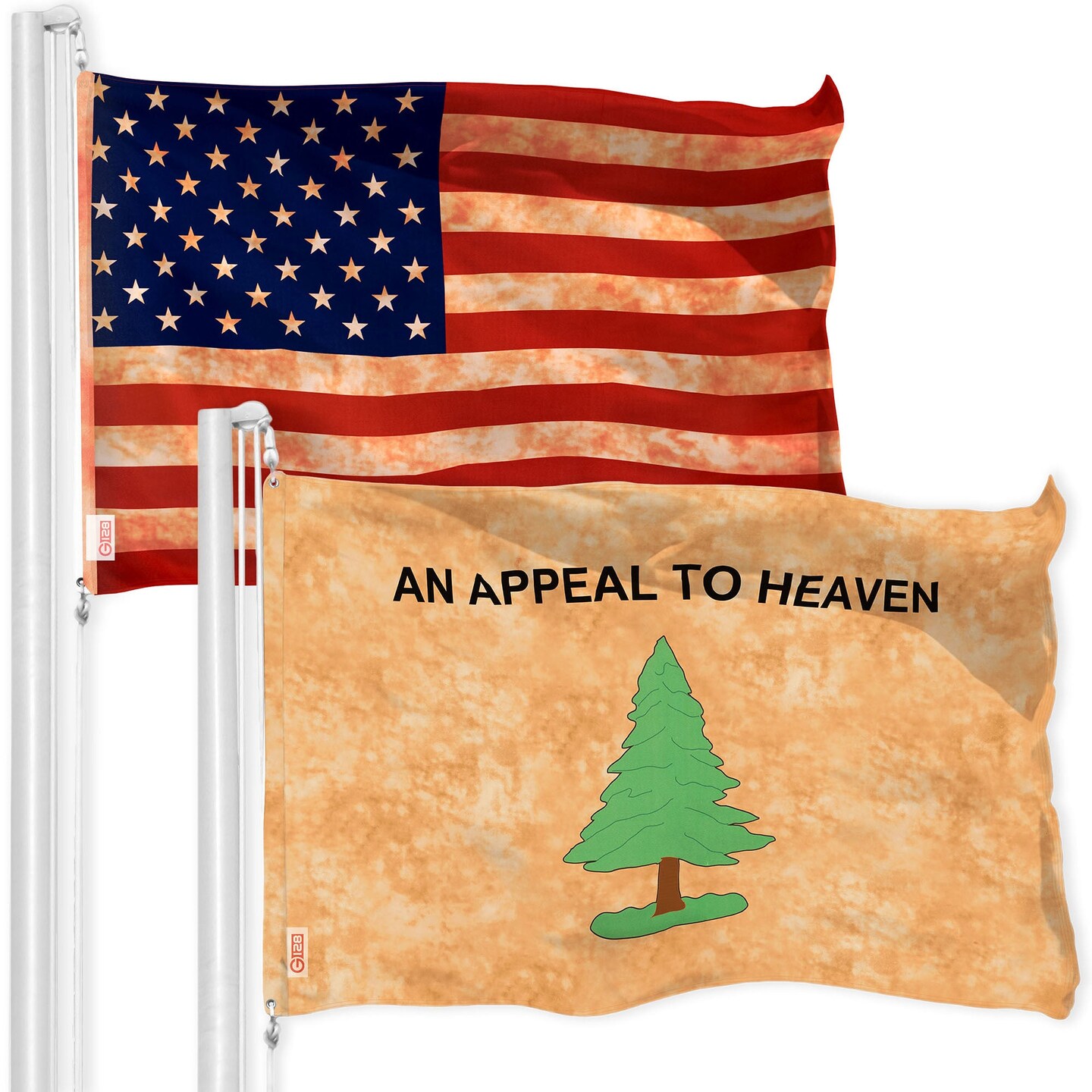 G128 Combo Pack: American USA Tea-Stained Flag 3x5 Ft &#x26; An Appeal to Heaven Tea-Stained Flag 3x5 Ft | Both LiteWeave Pro Series Printed 300D Polyester, Brass Grommets