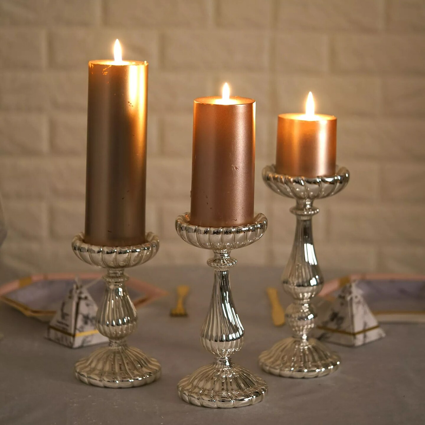 3 pcs Silver Mercury Glass Pillar Candle Holders Wedding Events Centerpieces