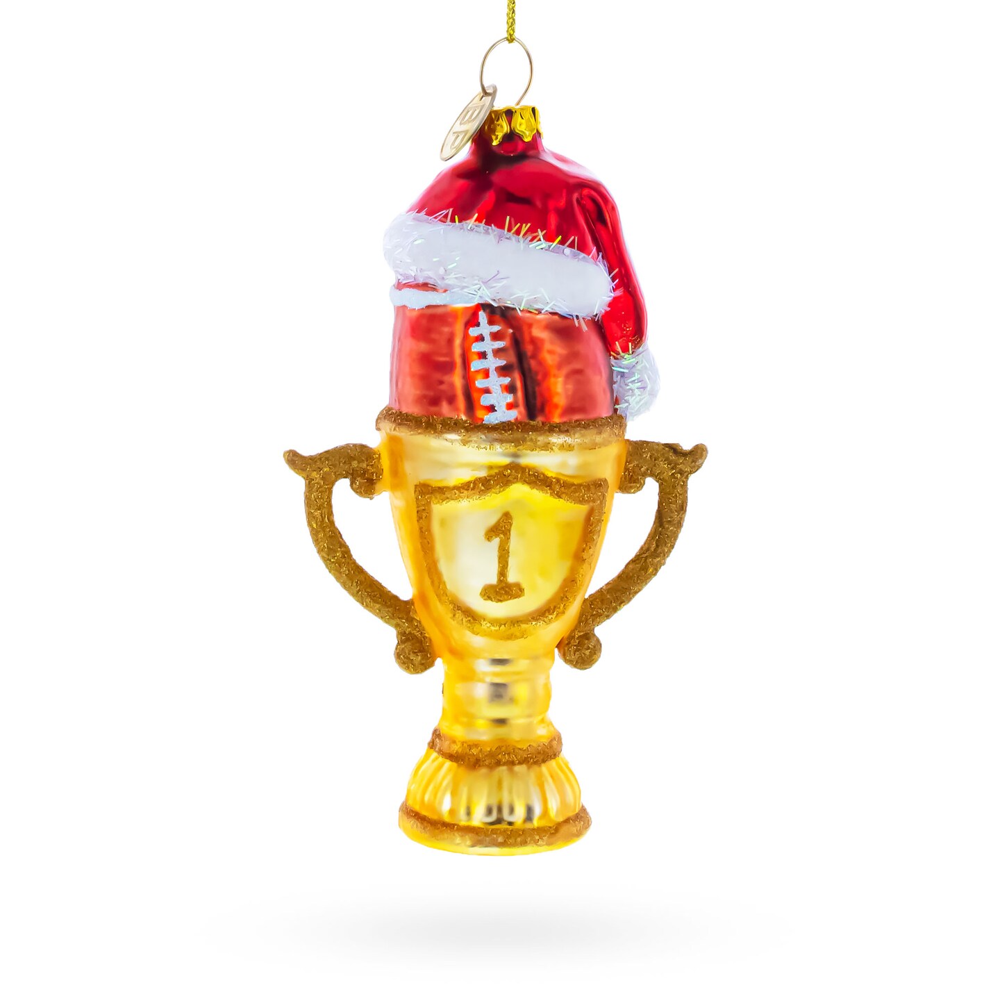 Football Trophy in Santa Hat Blown Glass Christmas Ornament