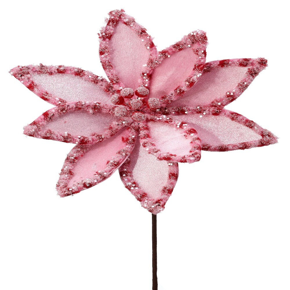 22&#x22; Red and Pink Candy with Snow Glitter Poinsettia Stem &#x2013; Elegant Christmas Floral Decoration