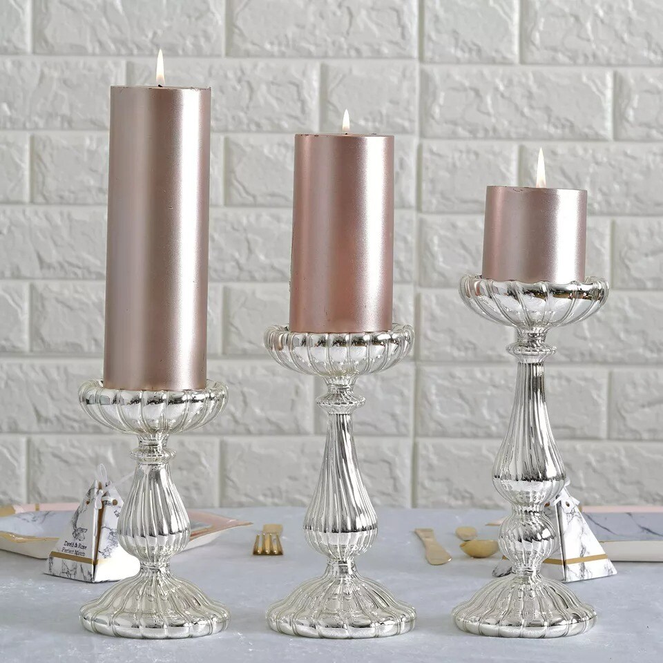 3 pcs Silver Mercury Glass Pillar Candle Holders Wedding Events Centerpieces