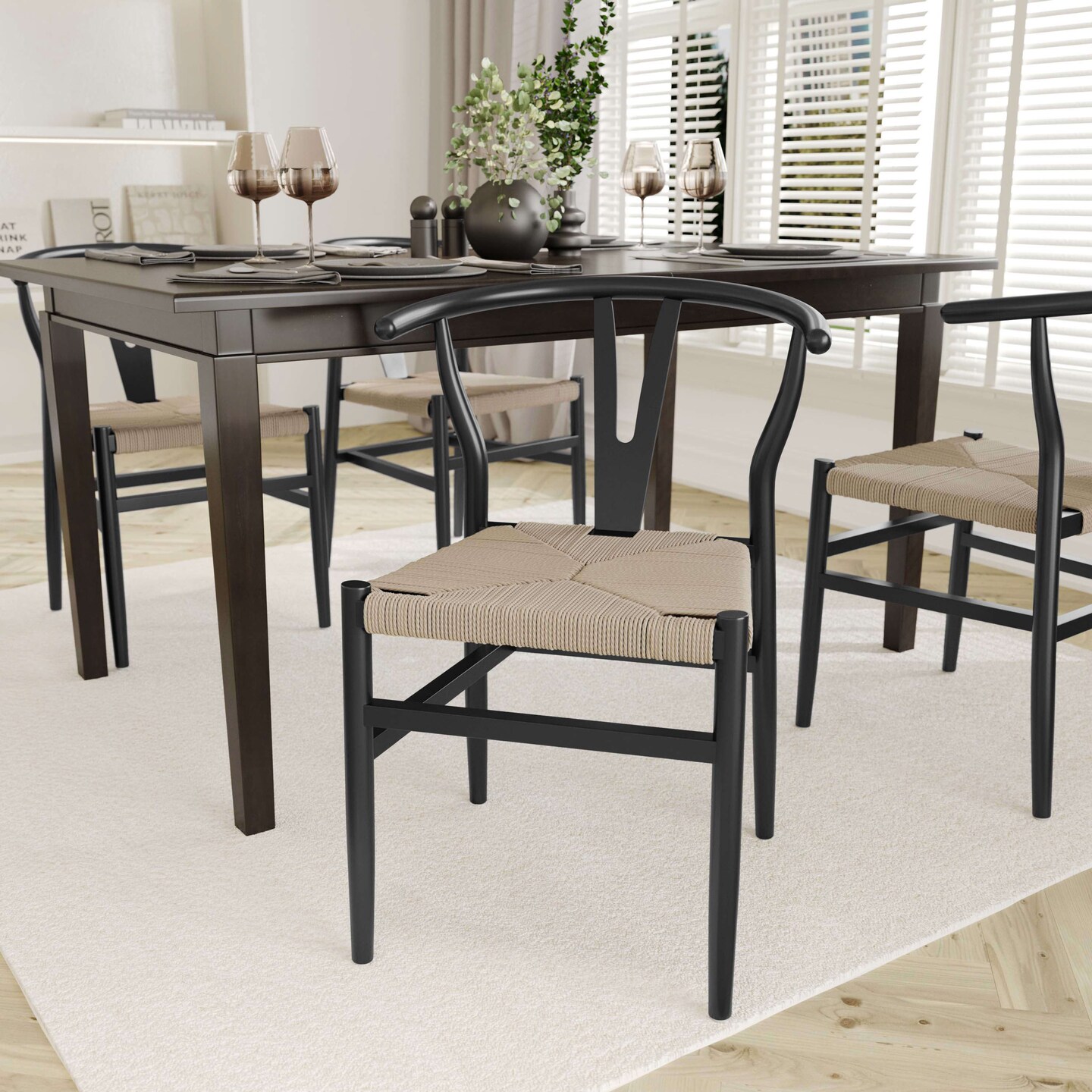 Emma and Oliver Devine Y-Back Style Wooden Dining Chair with Kraft Paper Rope Seat, Stackable Design