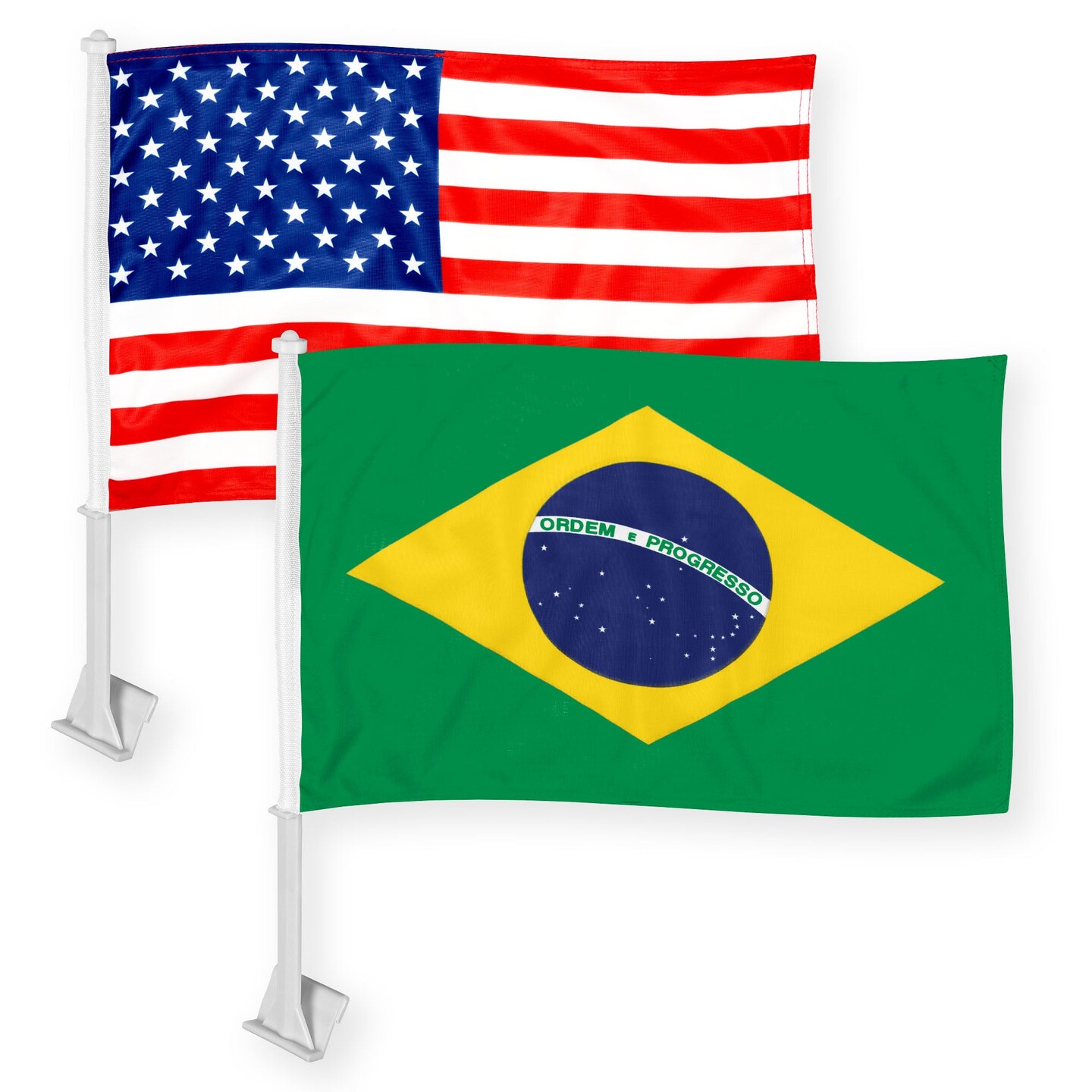 G128 Combo Pack: American USA Car Flag & Brazil Brazilian Car Flag 11x17 In | Both Double Sided Printed 150D Polyester | Flagpole Included | Perfect for Festival Celebrations, Parades