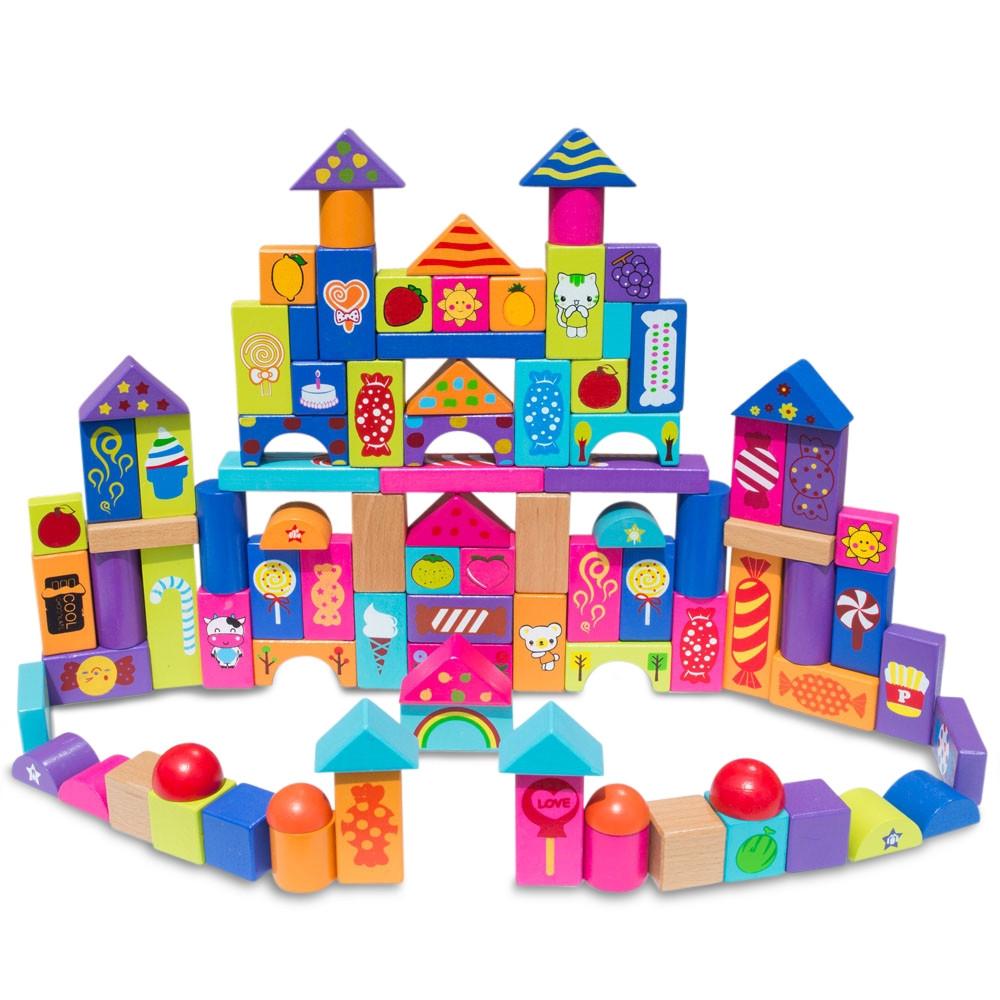 Set of 90 Colorful Wooden Building Blocks Educational Stacking Toy Castle