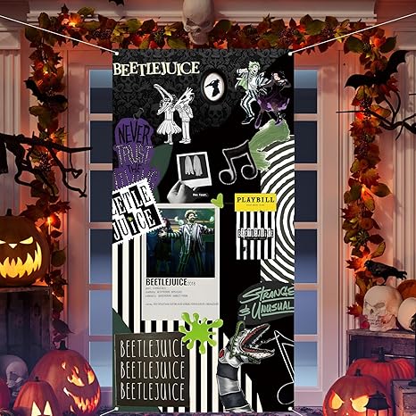 Scary Creepy Halloween Door Cover Classic Movie Role Beetlejuice Photo Backdrop Horror Party Decorations and Supplies for Home
