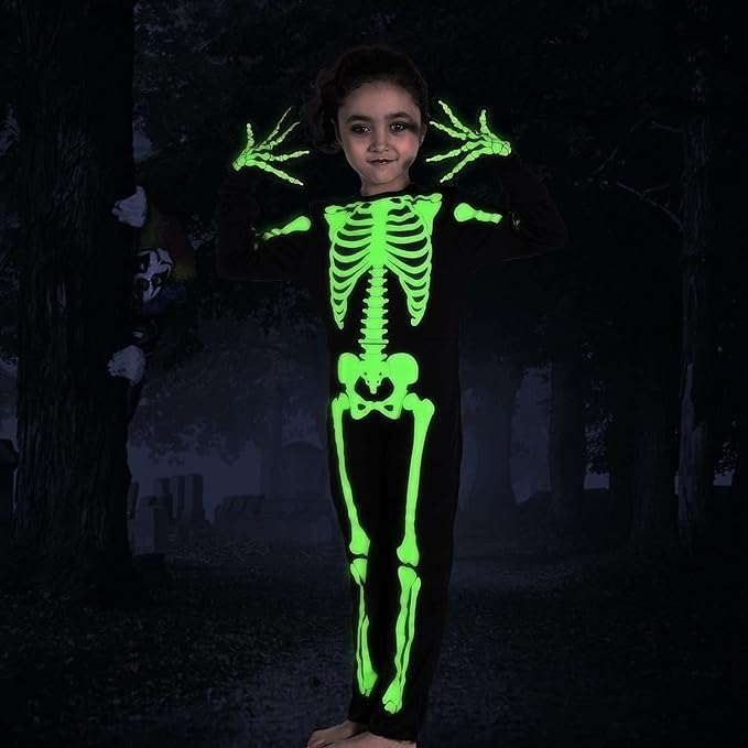 Kids Skeleton Costumes Halloween Costume Glow in The Dark Child White Bones Stretch Body Suit for Boys Girls