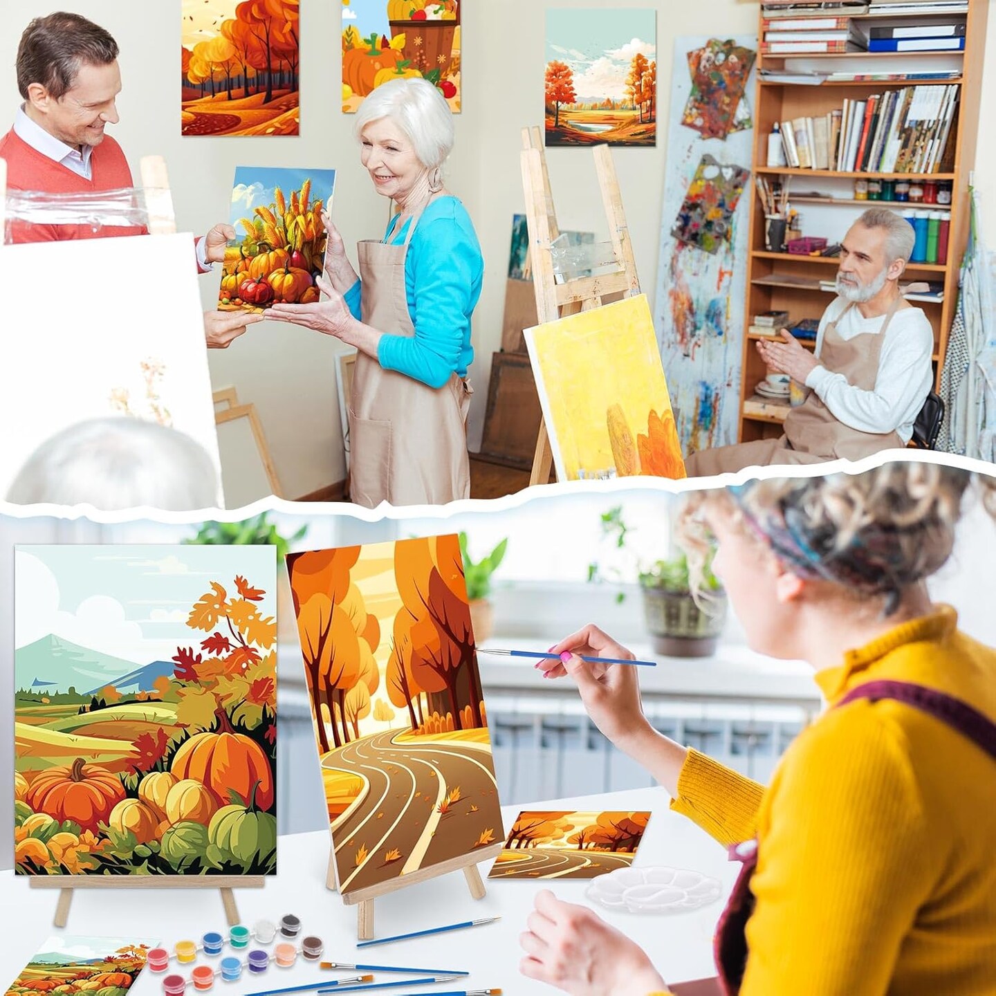 16 Set Pre-Drawn Canvas Painting Kit &#x2013; 8x10 Inch with Easels &#x26; Brushes (Fall)