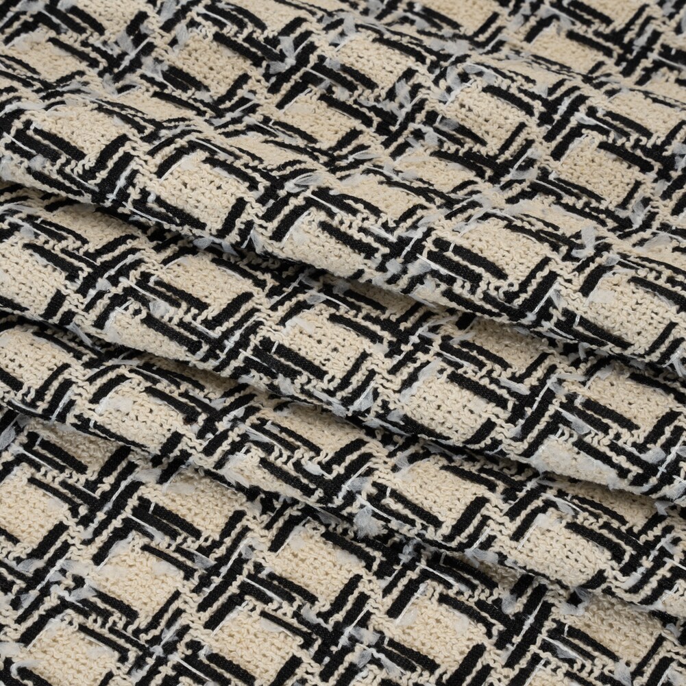 1 Yard Wool Blend Boucle Tweed Ivory and Black Houndstooth Deadstock