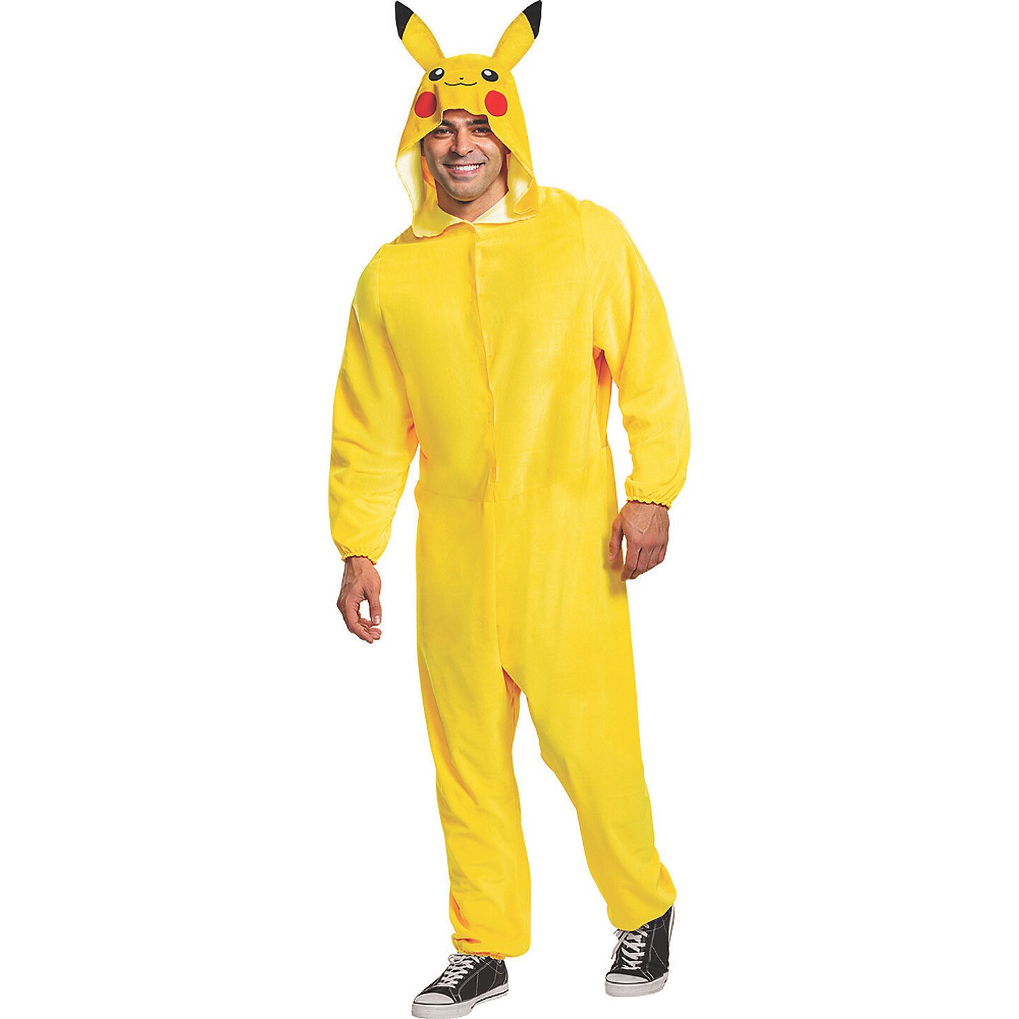 Adult Pikachu Costume Yellow Jumpsuit Character Hood and Lightning Tail