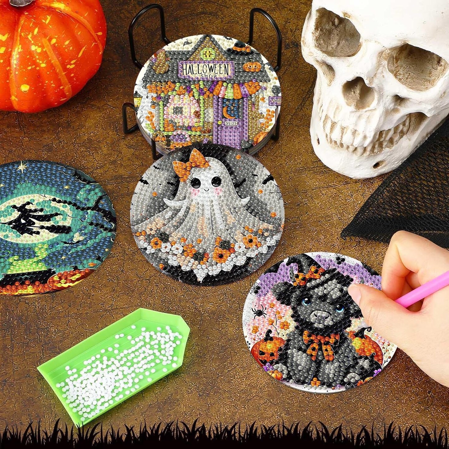 8 Pack Halloween Diamond Art Coasters Kit for Adults, 5D DIY