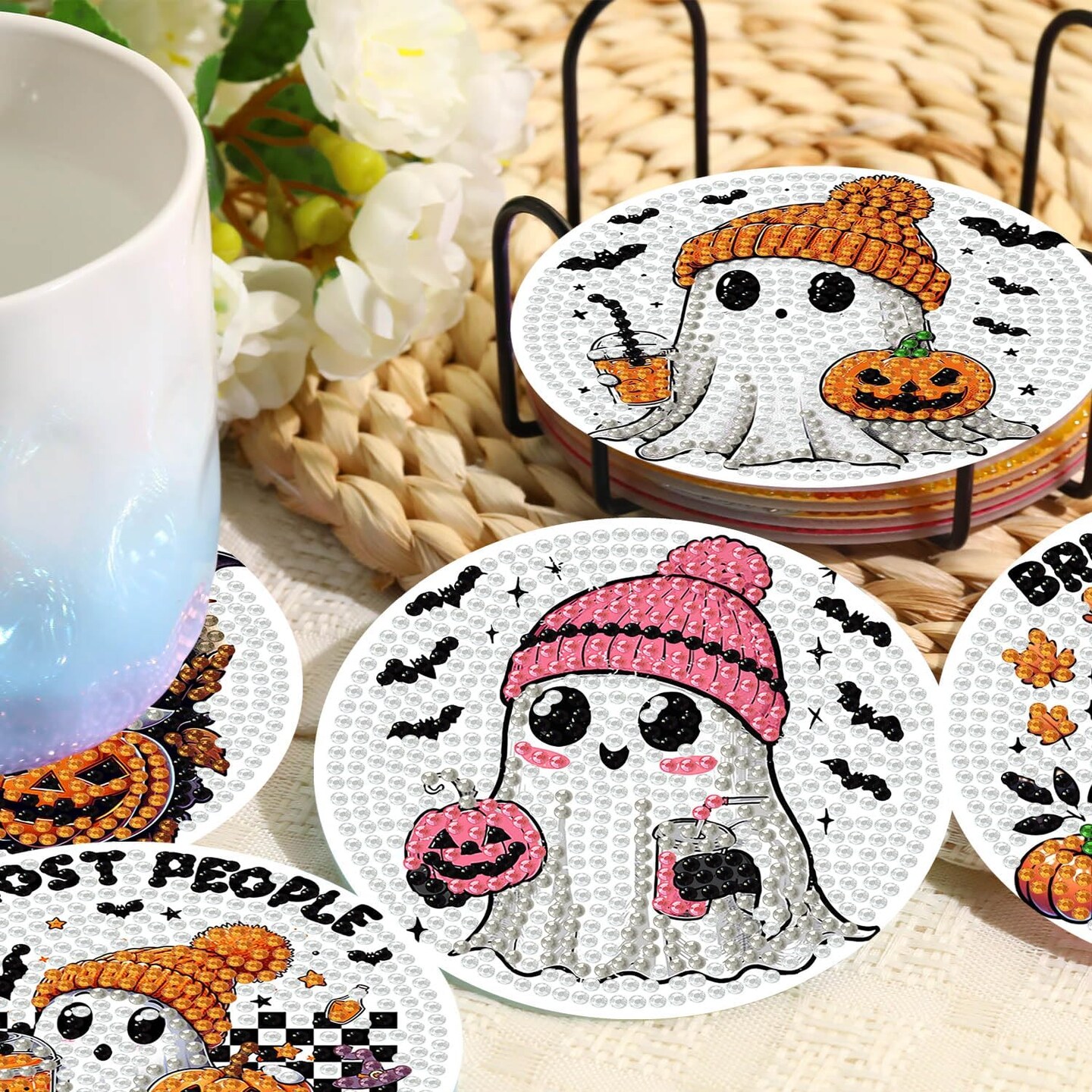 6 Pack Halloween Ghost Diamond Art Coasters Kit with Holder, 5D