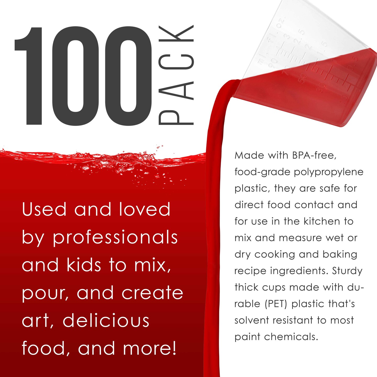 Pouring Masters 3 Ounce (90ml) Graduated Plastic Measuring Cups (100 Clear Cups &#x26; 25 Mixing Sticks) - OZ, ML Measurements, Acrylic Paint, Resin, Epoxy