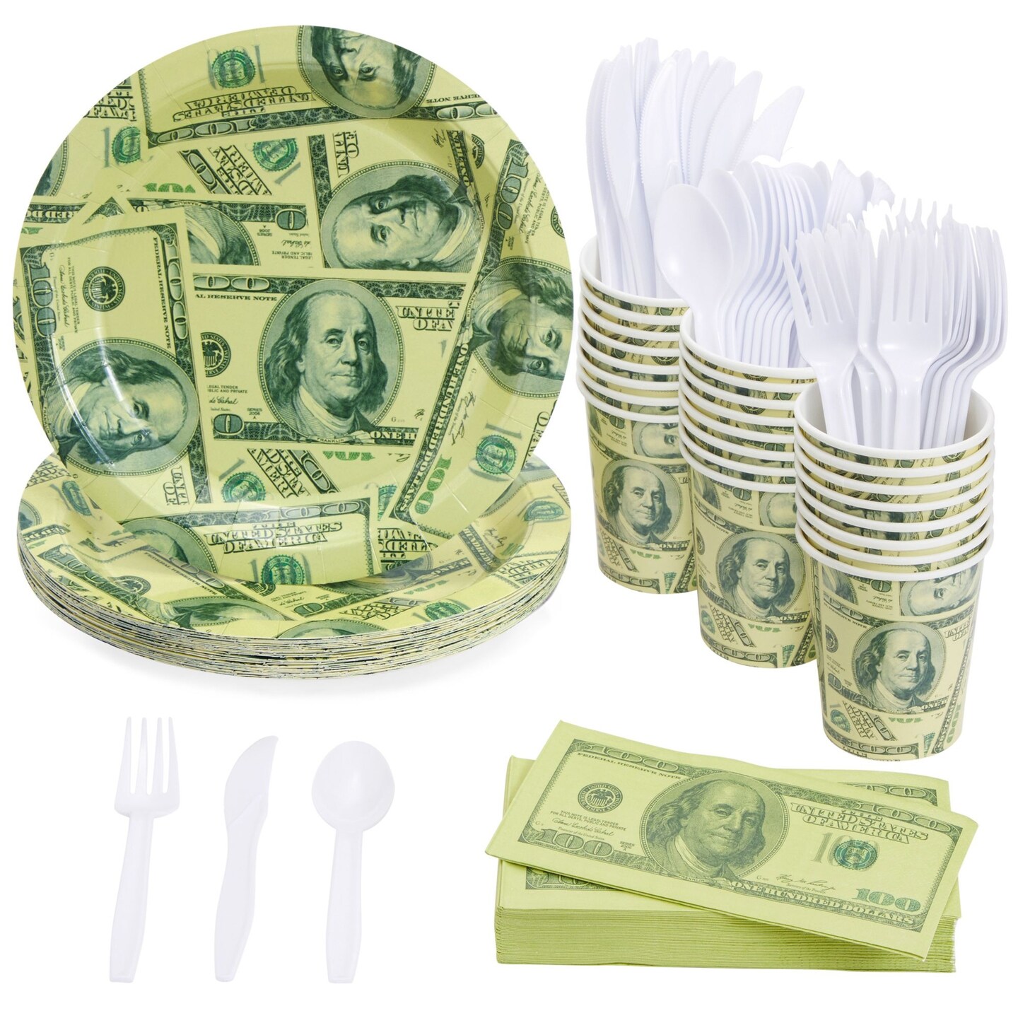 144 Piece Money Birthday Party Decorations for Party Supplies, Paper Plates, Napkins, Cups, &#x26; Cutlery Tableware Set, Hundred Dollar Bill Novelty (24 Guests)