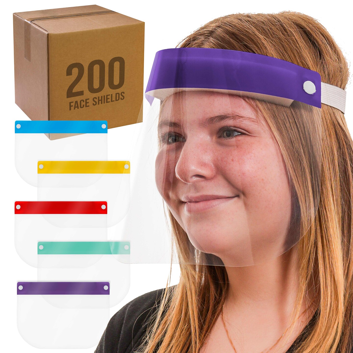 Salon World Safety 200 Kids Face Shields (20 Packs of 10) - 5 Colors, 40 of Each - Clear Protective Children&#x27;s Full Face Shields, Anti-Fog PET Plastic