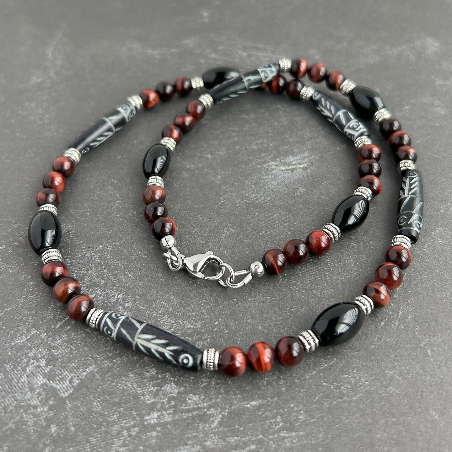 Tribal Style Men's Beaded Necklace - Carved Bone, Red Tiger Eye