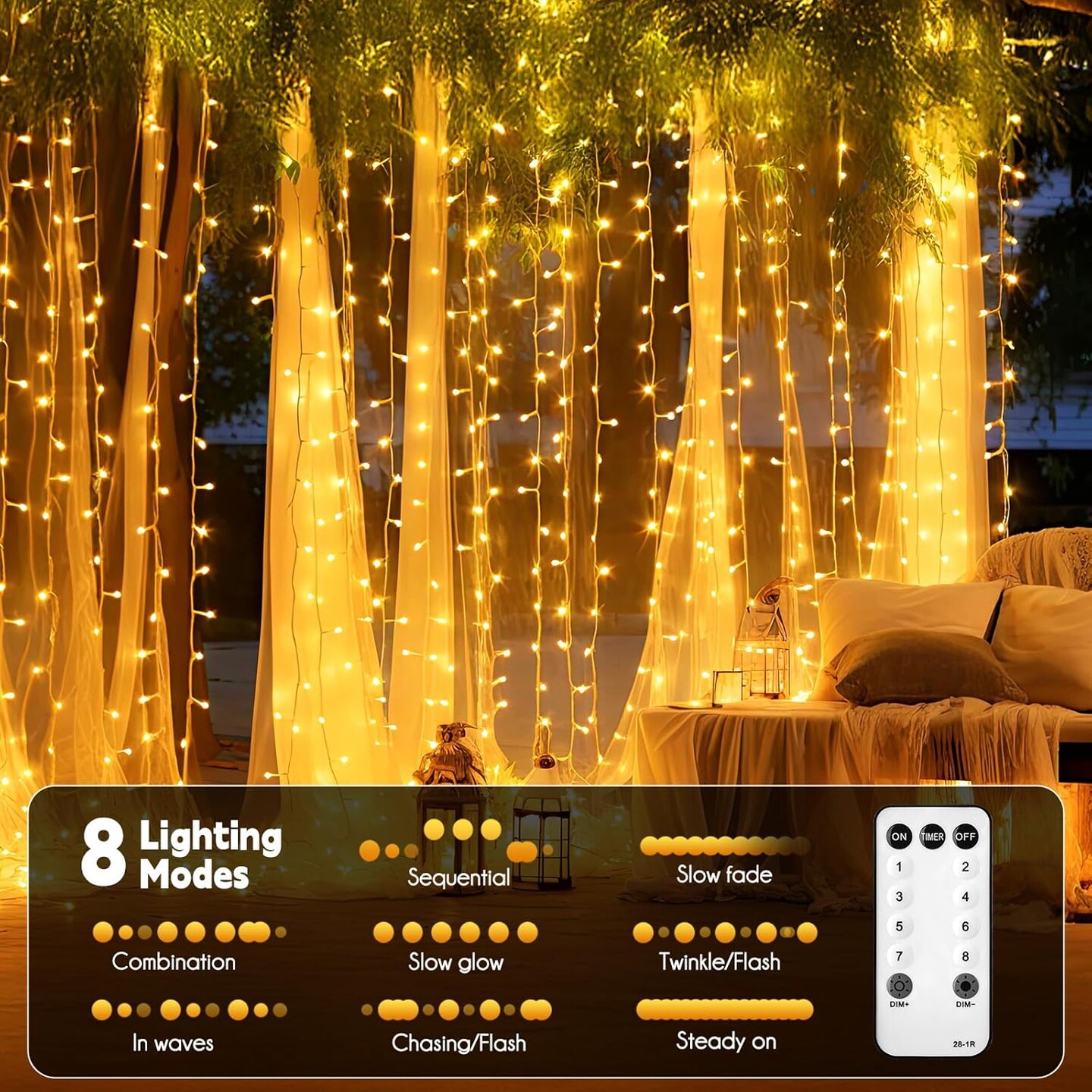 300 LED Curtain String Lights – 9.8x9.8FT Hanging Fairy Lights with Remote, 8 Modes, Timer, IP44 Waterproof, Silver Wire Window Lights for Bedroom, Wedding, Party, Christmas (Not Connectable)